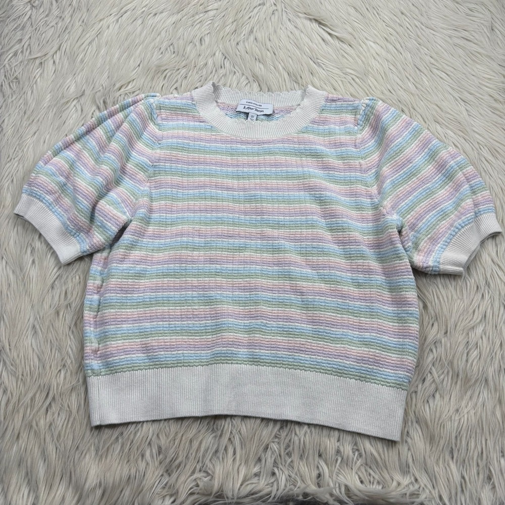 & Other Stories Women's S Pastel Stripe Scalloped Knit Top Preppy Twee